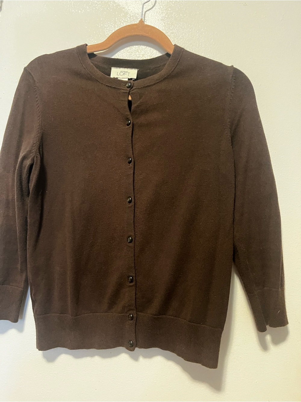 LOFT Brown Button-Front Crewneck Cardigan